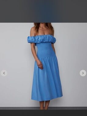 New York & Company Sky Blue Off-Shoulder Smocked Midi Dress